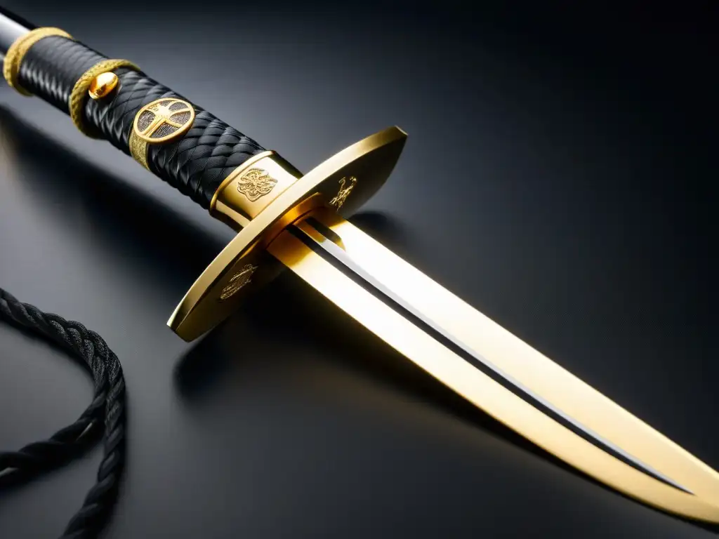 Detalle impresionante de una espada samurái, resaltando la importancia de la artesanía y la tradición japonesa