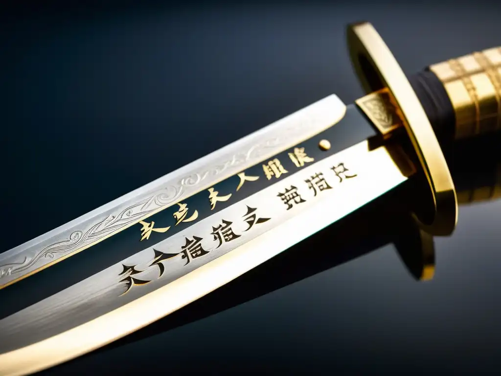 Detalle impresionante de la firma en la hoja de katana japonesa, interpretar firma katana herrero, con patina y kanji en primer plano