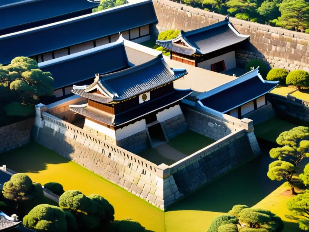 Detalle impresionante de las imponentes murallas del Castillo de Edo, con sus estructuras defensivas y layout estratégico