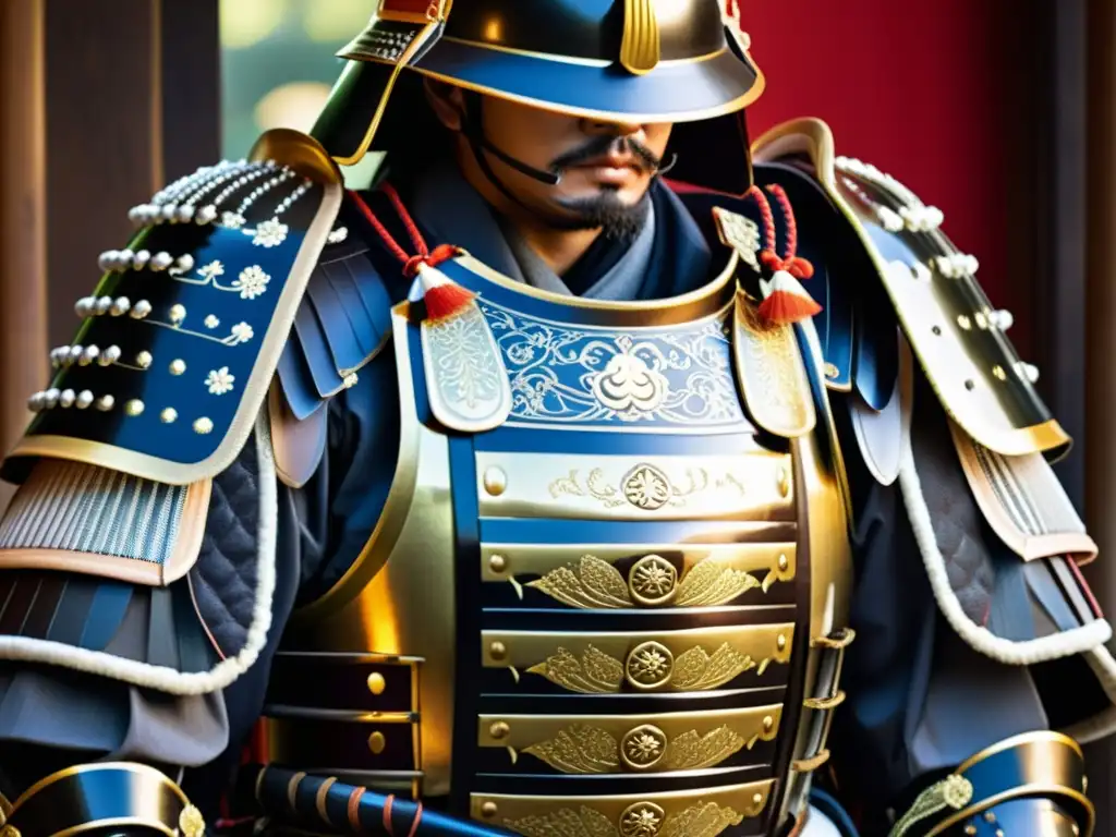 Detalle impresionante de la indumentaria samurai, reflejando el significado oculto y la artesanía habilidosa