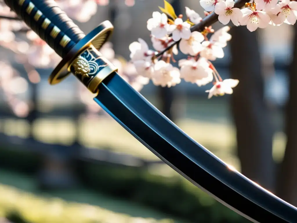 Detalle impresionante de una katana samurái con un guerrero en la sombra y flores de cerezo al fondo, evocando películas icónicas samurái en el cine