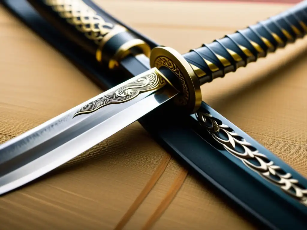 Detalle impresionante de la Katana Samurai, resaltando su importancia estratégica y belleza atemporal en la artesanía