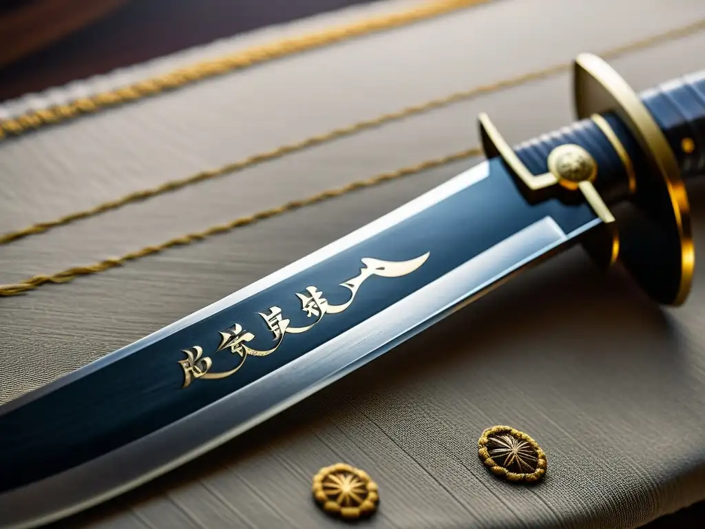 Detalle impresionante de una katana japonesa tradicional, con marcas y firmas espadas samurai, bañada en luz natural