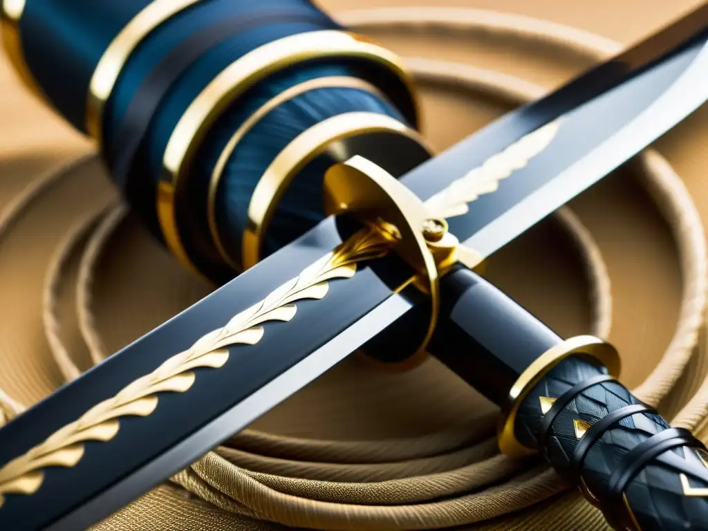 Detalle impresionante de una katana japonesa tradicional, con foco en la elaborada guardia (tsuba) y el patrón ondulado de la hoja de acero