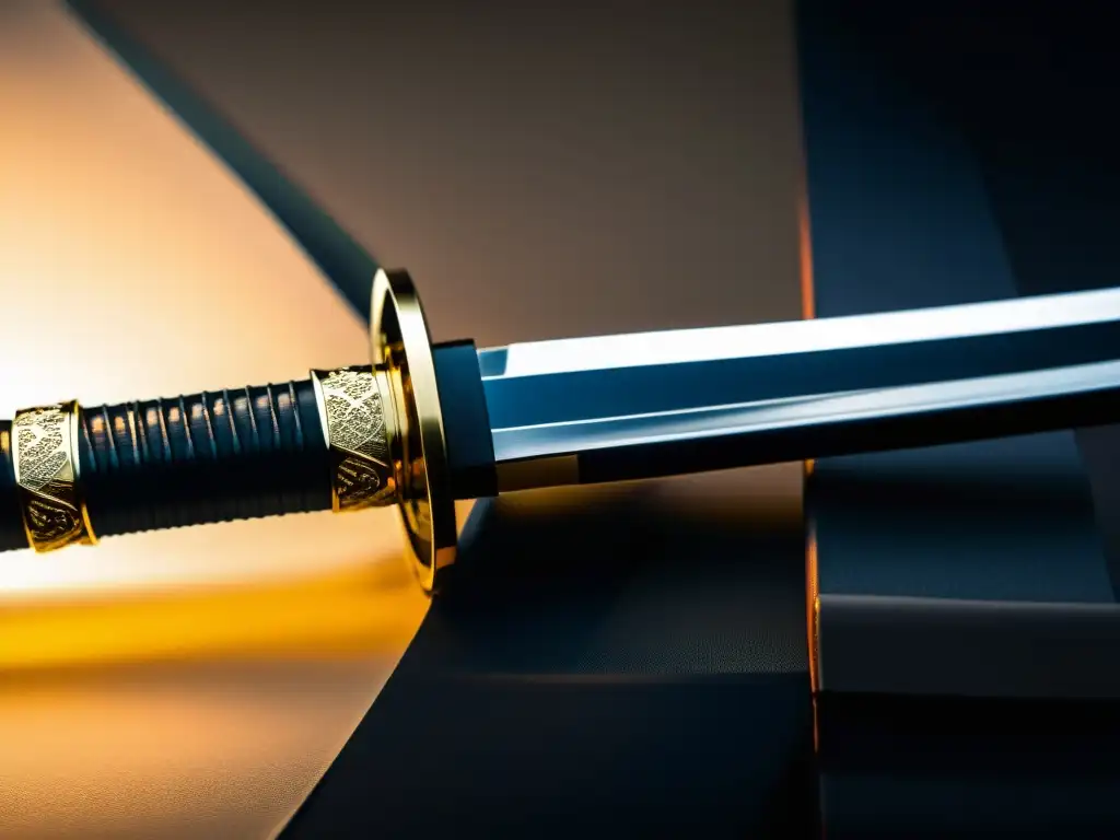 Detalle impresionante de una katana japonesa tradicional, reflejando la luz ambiental y la silueta de un samurai, evocando el Bushido