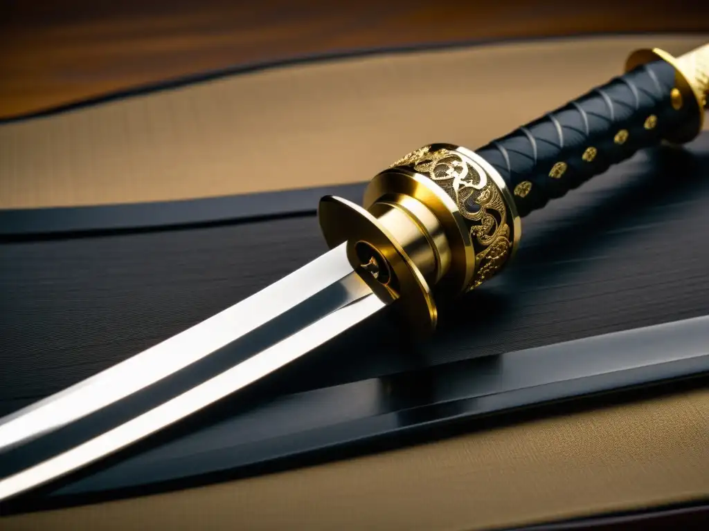 Detalle impresionante de una katana japonesa en un dojo iluminado, reflejando la influencia samurái en estrategia empresarial