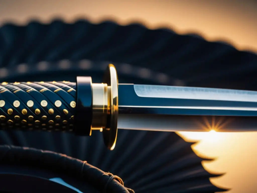 Detalle impresionante de una katana, reflejando la luz del sol y la silueta de un samurái