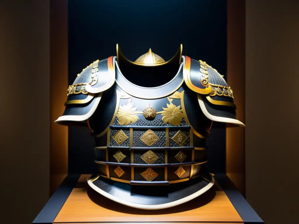 Armadura samurái: detalle y majestuosidad Detalle impresionante del legado samurái en Japón actual: armadura exhibida en museo con iluminación dramática y ornamentación detallada