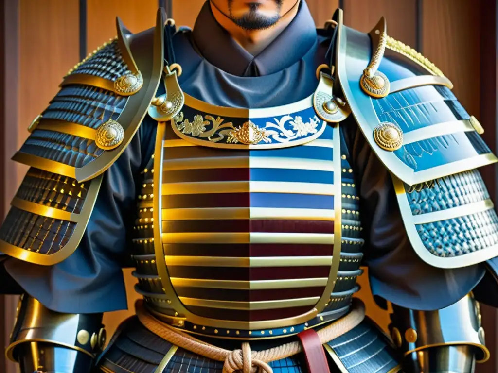 Detalle impresionante del legado familiar samurái moderno en una armadura tradicional japonesa