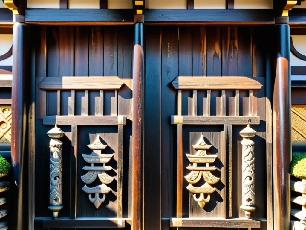 Detalle impresionante de la talla en madera del Castillo de Matsumoto historia samuráis, con sombras dramáticas y textura envejecida