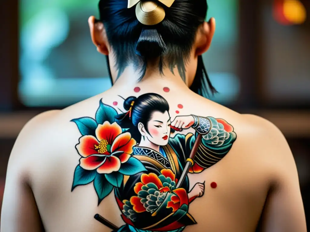 Detalle impresionante del tatuaje Irezumi samurái honor, reflejando la conexión espiritual y respeto en esta antigua tradición japonesa