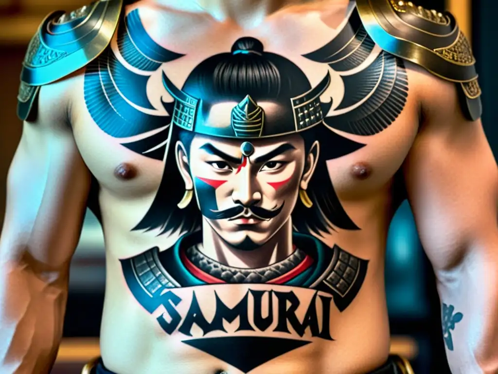 Detalle impresionante del tatuaje samurái moderno con expresión determinada y tradicional katana, reflejando la tradición del tatuaje samurái moderno