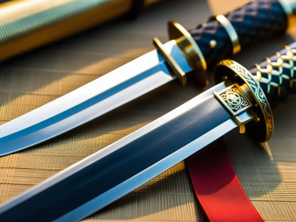 Detalle impresionante de un Wakizashi, resaltando el patrón de la hoja, el tsukaito y la tsuba