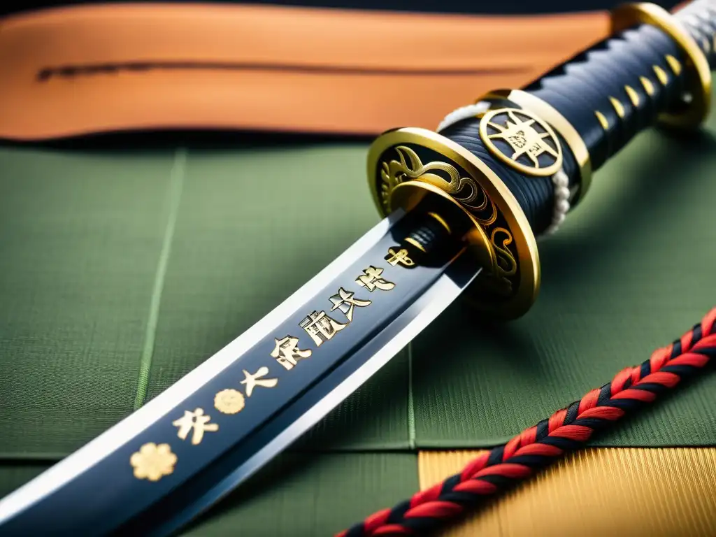 Un detalle impresionante de un Wakizashi con inscripciones, reflejando la cultura samurái en cada trazo