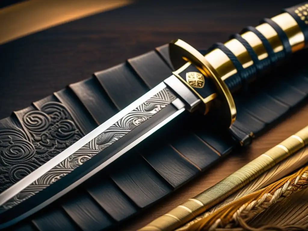 Detalle de inscripciones Wakizashi, reflejando la historia y cultura samurái en una imagen de alta resolución y dramático contraste