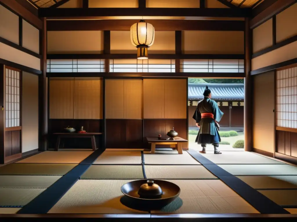 Detalle 8k del interior de un castillo samurai con ceremonia del té y guerreros en armadura, capturando la esencia del día a día en castillo samurai