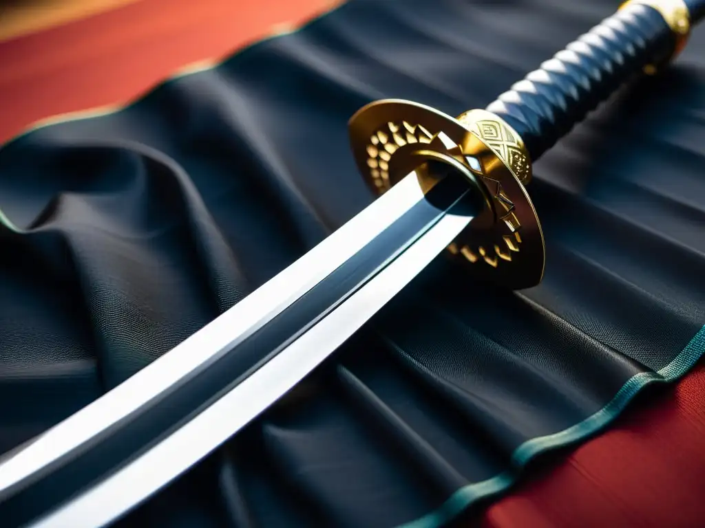 Detalle de wakizashi japonés con hoja de acero plegado, guardamanos ornamentado y empuñadura de piel de raya