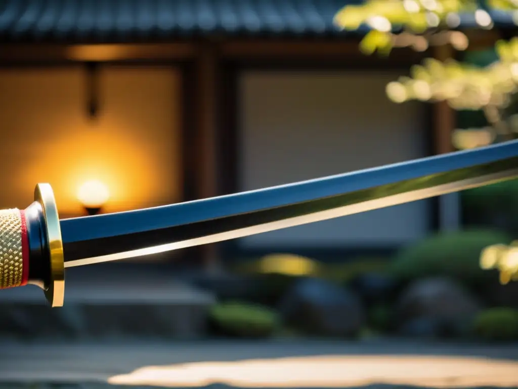 Detalle del naginata japonés en jardín zen, practicante de naginatajutsu samurái en movimiento