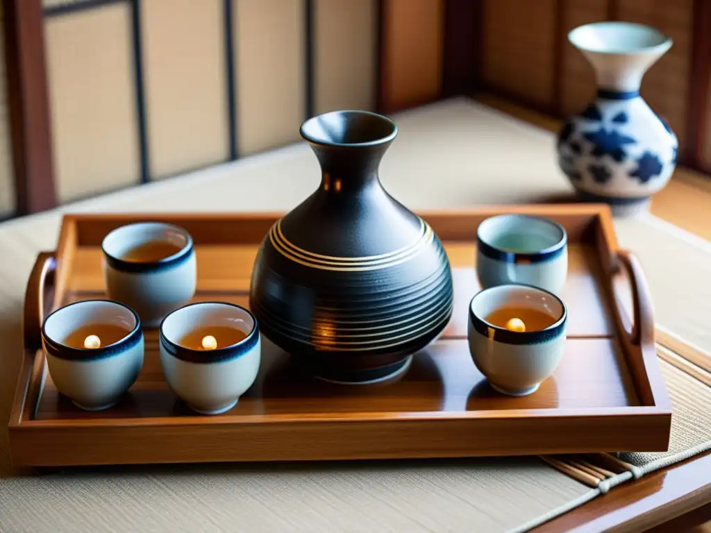 Detalle de un juego de sake tradicional con diseños intricados, iluminación suave y ambiente ceremonial japonés