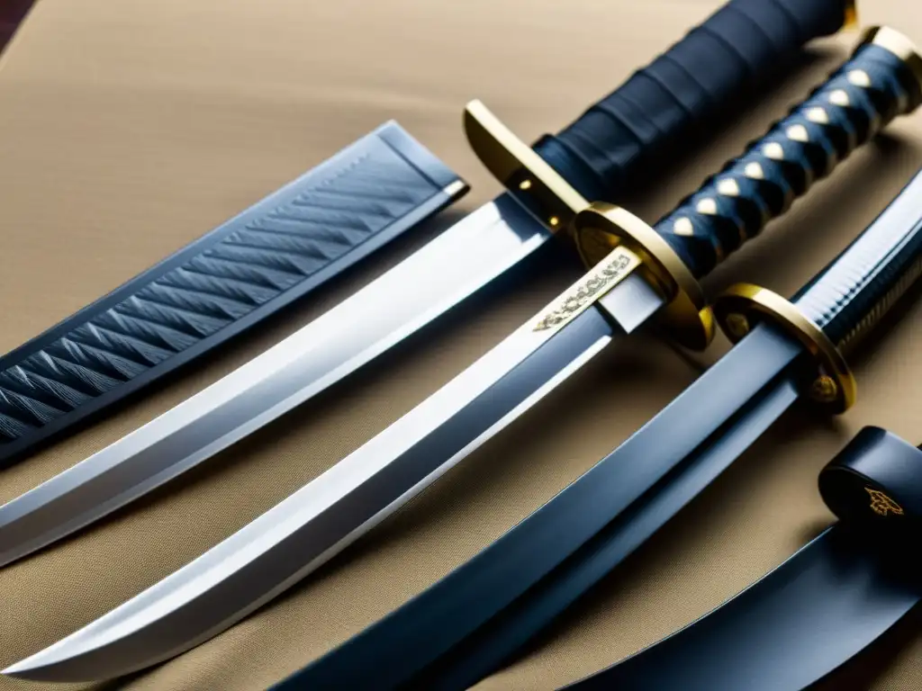 Detalle de katana y wakizashi, resaltando las diferencias entre katana y wakizashi con sus hojas y empuñaduras artesanales