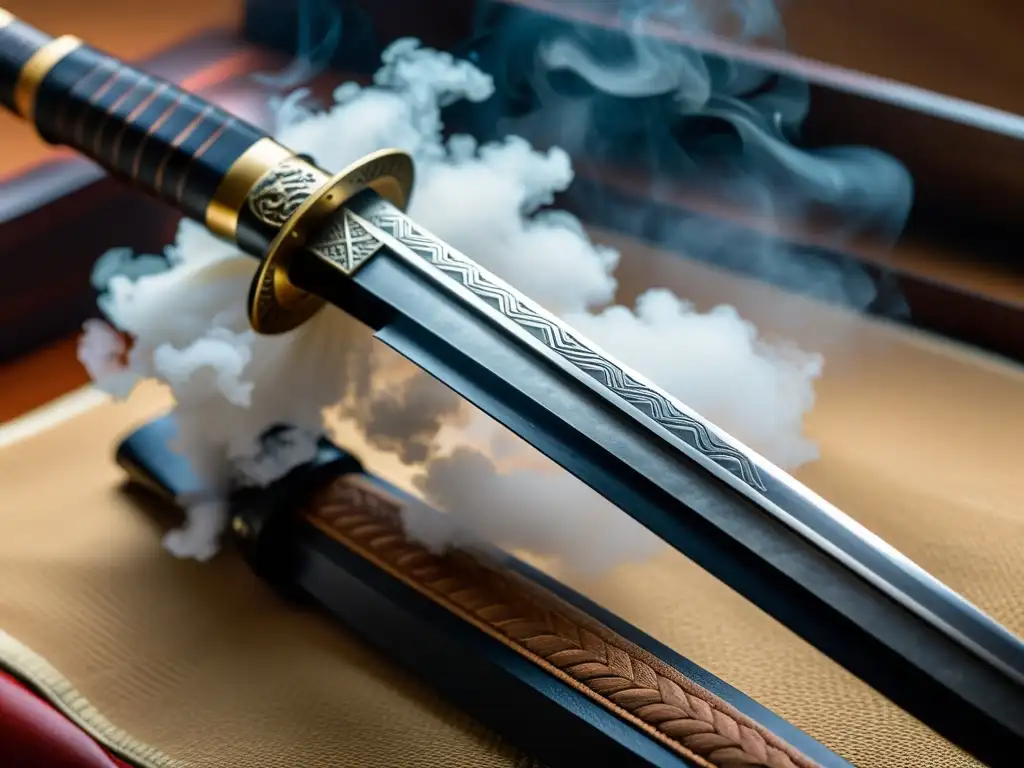 Detalle de una katana japonesa con patrón de acero y wisp de humo, evocando al samurái en la animación japonesa