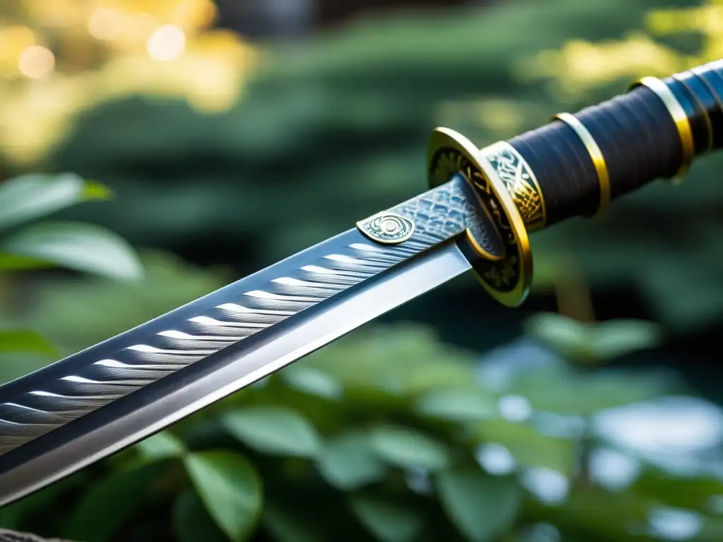 Detalle de katana japonesa con patrón de acero de Damasco y jardín japonés, reflejando la influencia de los samuráis en artes marciales