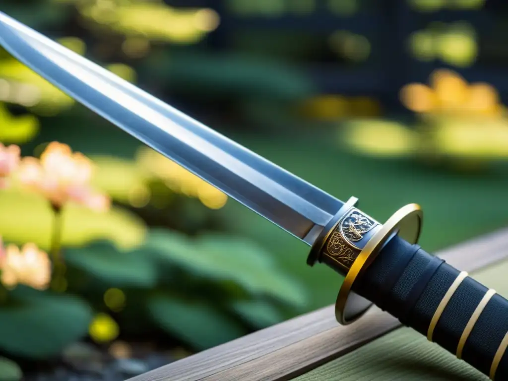 Detalle de katana japonesa con jardín zen y árboles de cerezo en flor