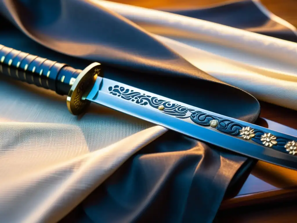 Detalle de una katana japonesa con empuñadura de un clan samurái, mostrando la maestría artesanal y la relación maestro aprendiz cultura samurái