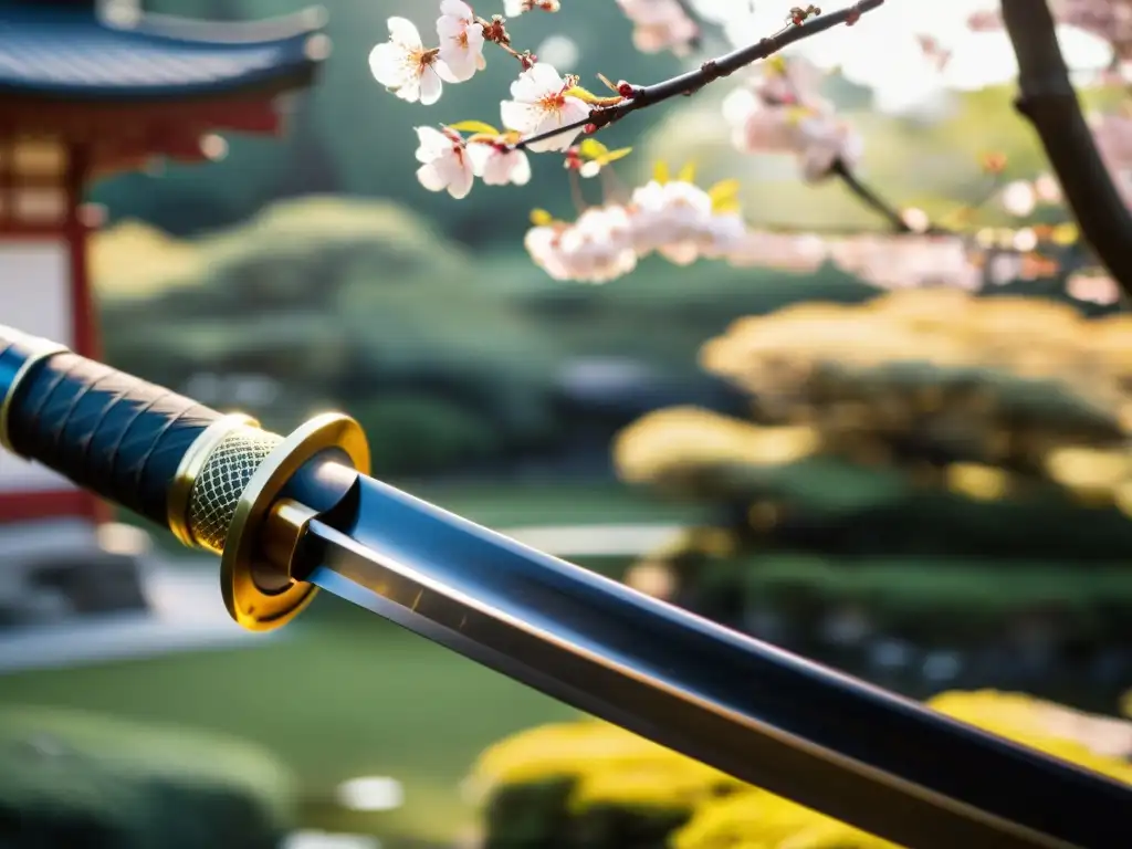 Detalle de katana japonesa con fidelidad histórica de Sekiro: Shadows Die Twice, envuelta en belleza mortal y serenidad de jardín japonés