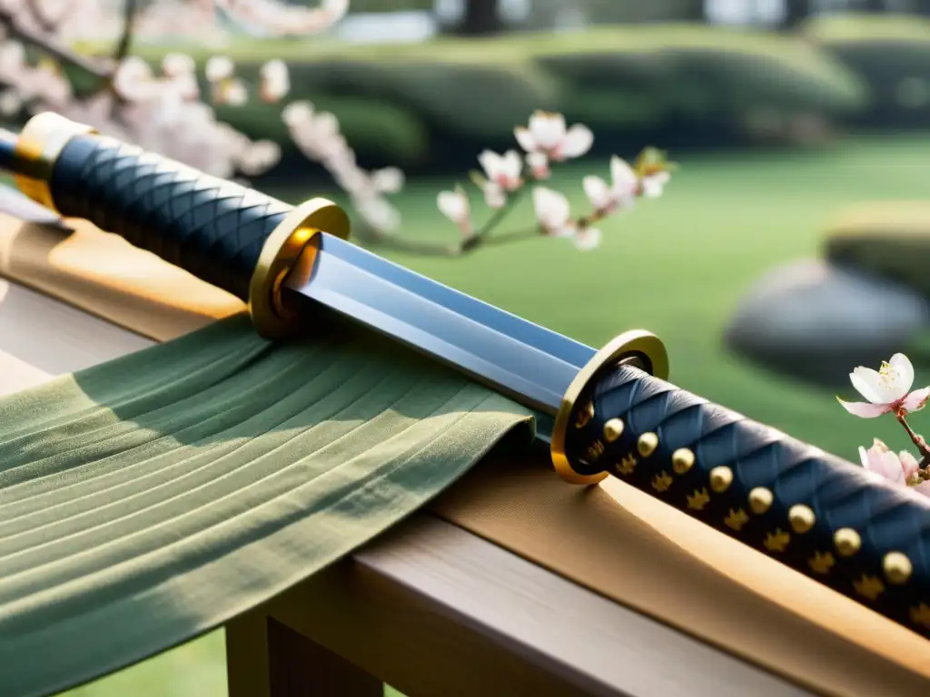 Detalle de katana japonesa con hoja de acero plegado, empuñadura ornamental y jardín japonés con cerezos en flor