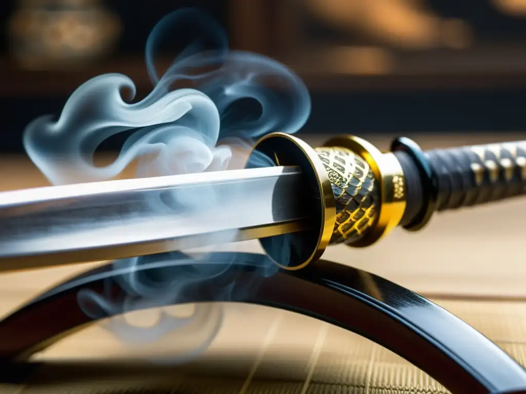 Detalle de la katana japonesa con humo de incienso, reflejando la espiritualidad en las espadas samurái