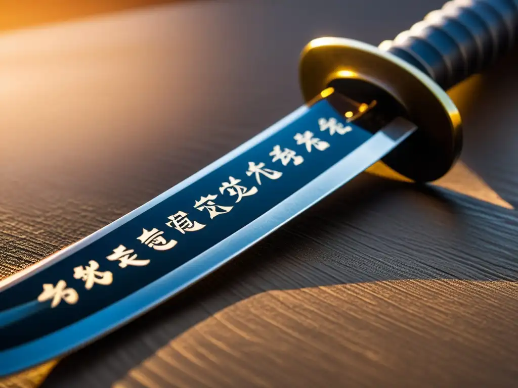 Detalle de katana japonesa con inscripciones grabadas que muestran significados culturales y artesanales