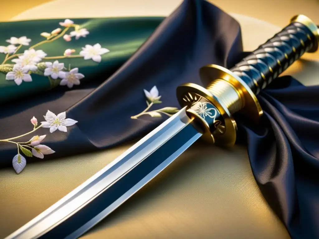 Katana japonesa en kimono de seda: belleza ancestral Detalle de katana japonesa descansando sobre kimono de seda con bordado