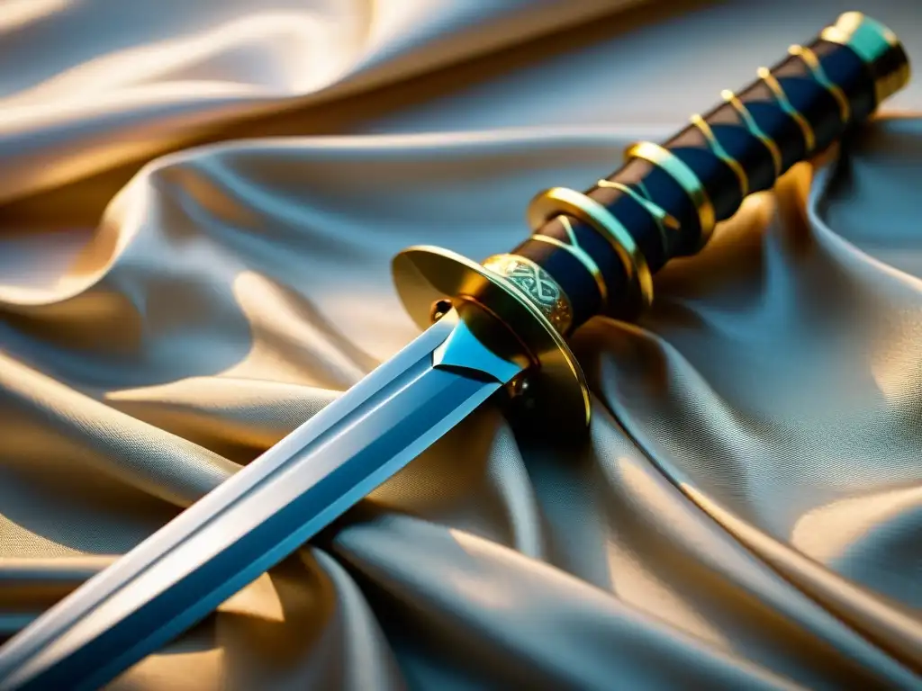 Detalle de una katana japonesa descansando sobre un paño de seda, evocando el arte samurái en la novela histórica