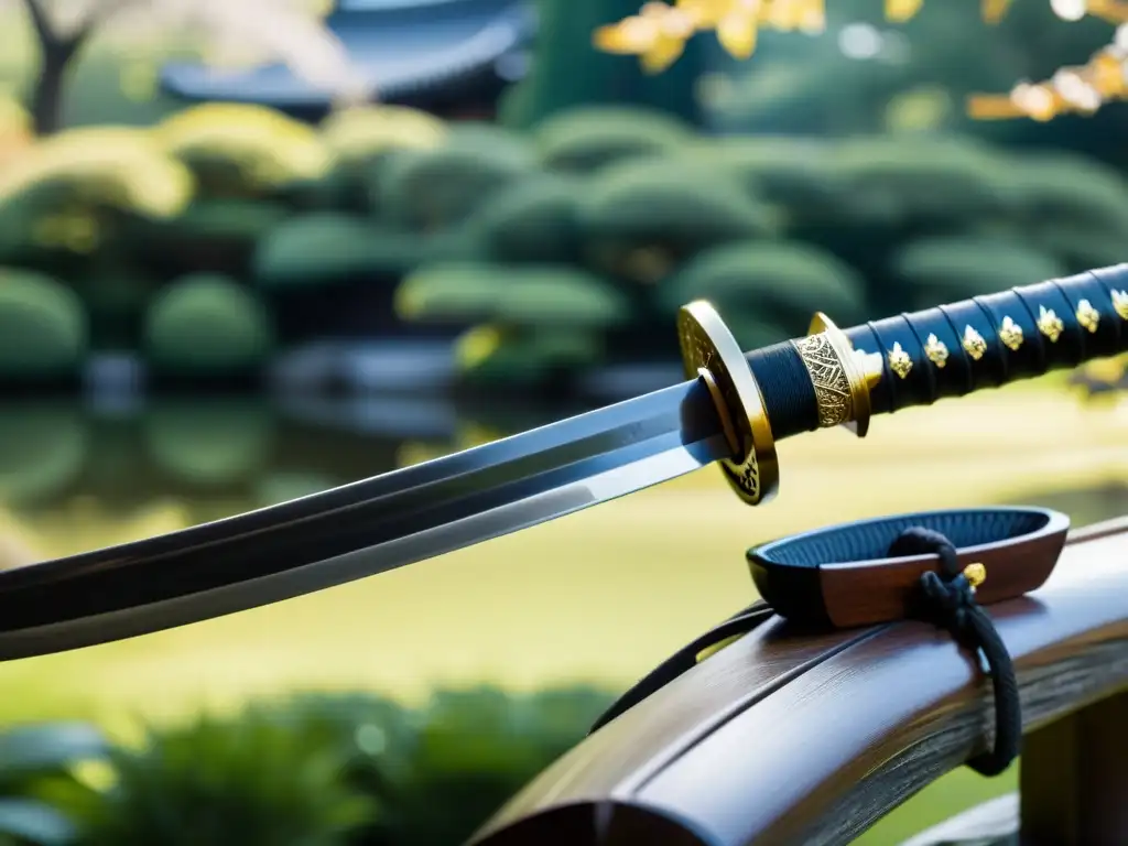 Detalle de katana japonesa con patrones intrincados y empuñadura adornada, reflejando la artesanía del arte samurái como moneda cultural