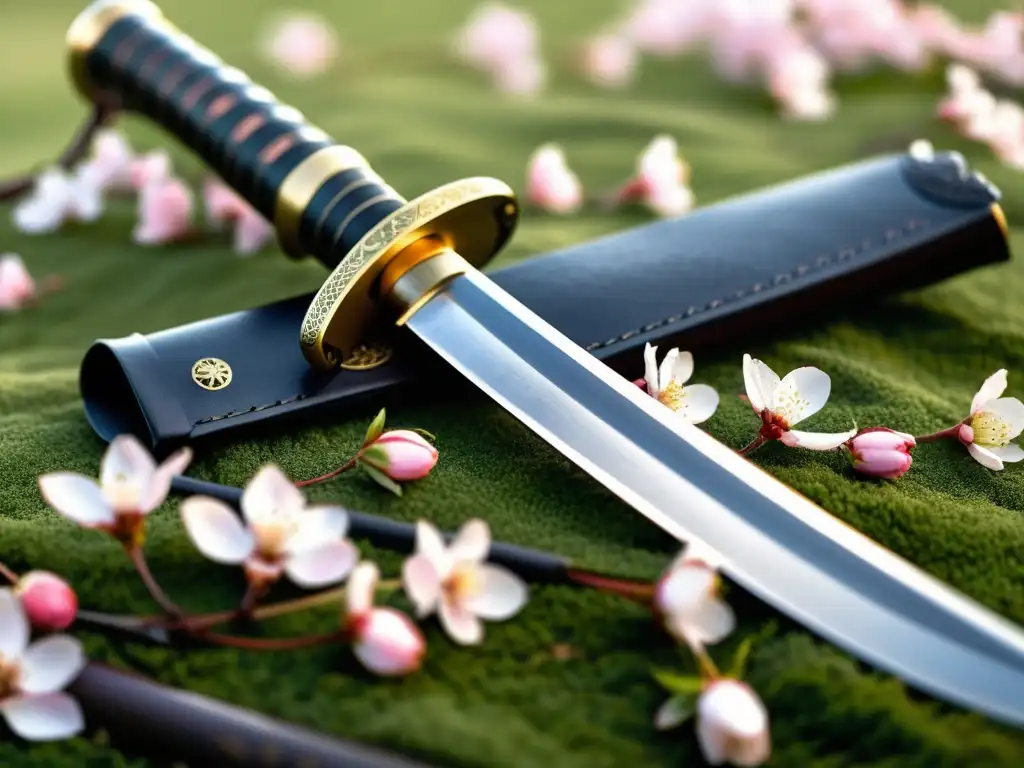 Detalle de una katana japonesa sobre pétalos de cerezo, reflejando la conexión entre Zen y Artes Marciales