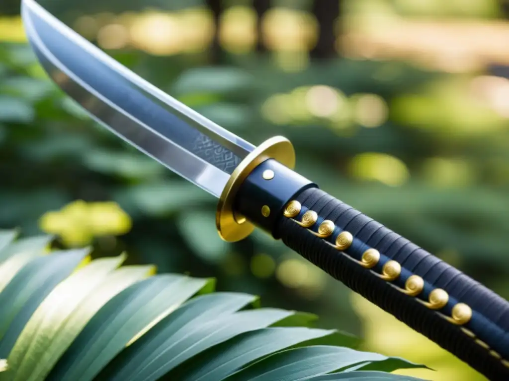 Detalle de una katana japonesa en un jardín sereno, capturando la importancia de la katana en artes marciales