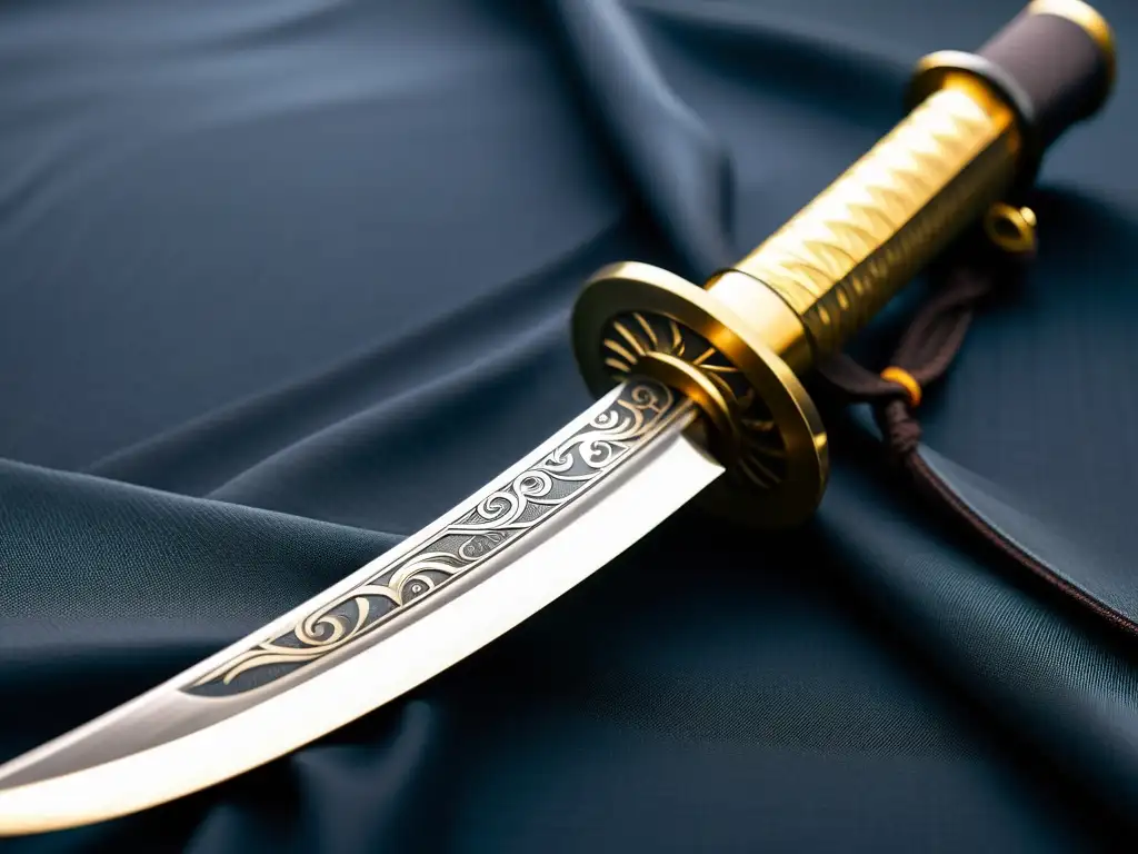 Detalle de una katana japonesa tradicional en un dojo, reflejando la luz suave
