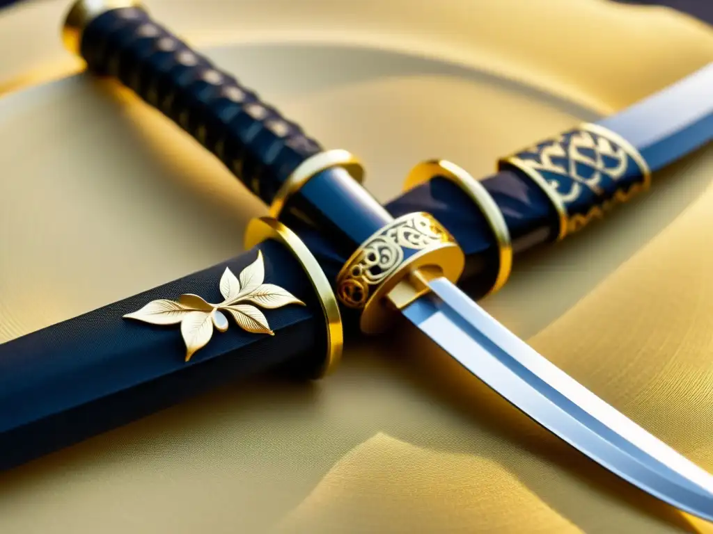 Detalle de una katana japonesa tradicional con hoja brillante y empuñadura de seda negra, en un hermoso jardín japonés