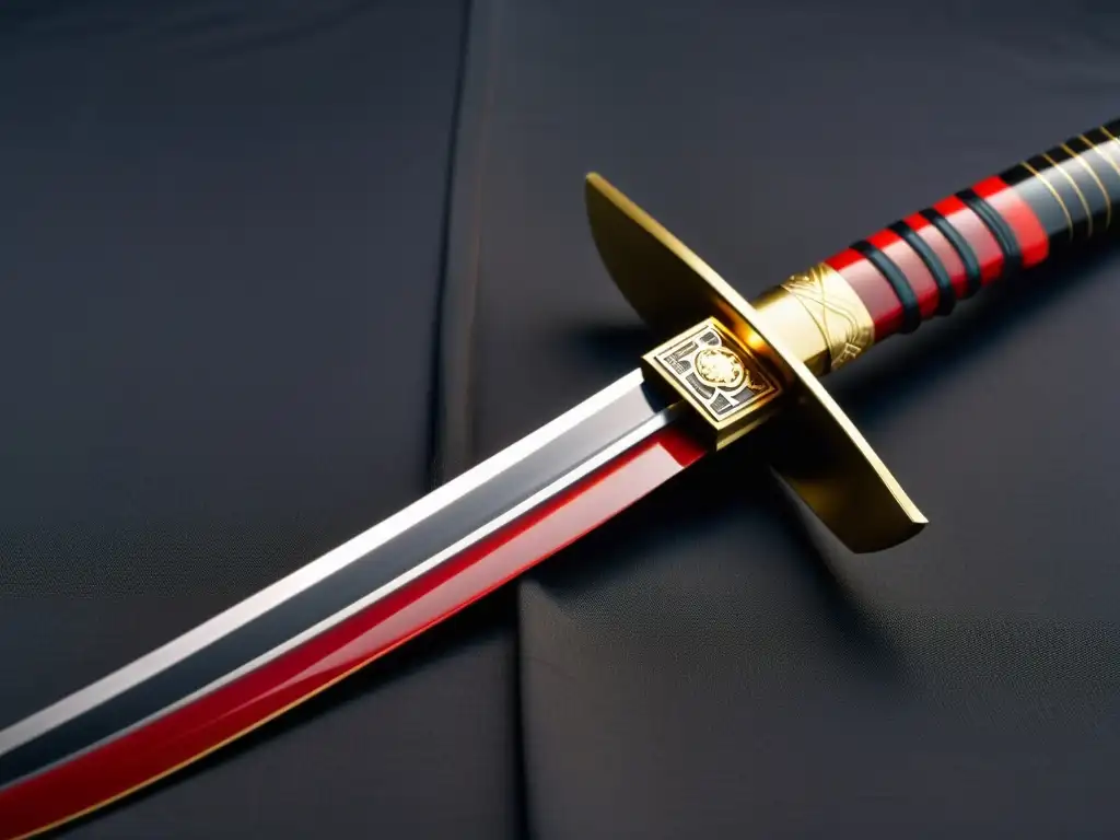 Detalle de katana y wakizashi en soporte negro, con hojas brillantes y empuñaduras de seda roja