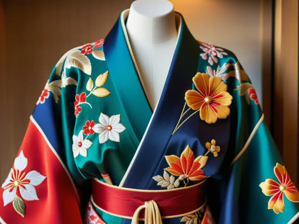 Detalle de kimono japonés con bordados intrincados en indumentaria samurái en alta costura