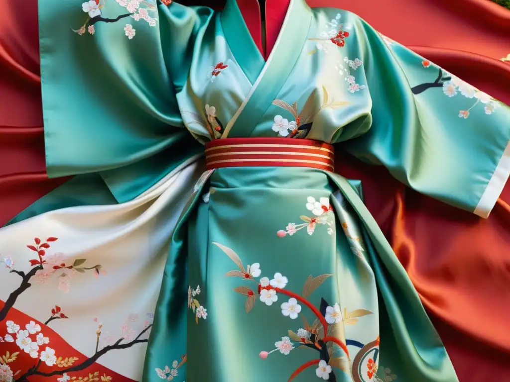 Detalle de un kimono japonés de seda con bordados de cerezos y arroyos