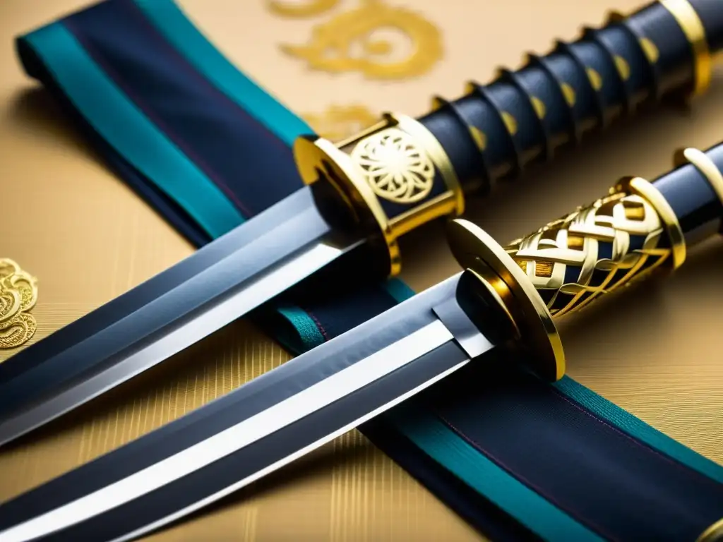 Detalle de la transmisión del legado de la espada samurái con ornamentos intrincados y tradicional caligrafía japonesa