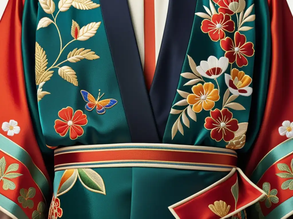 Detalle de manga de kimono bordada a mano con influencia samurái en la alta costura, en colores vibrantes y patrones japoneses tradicionales