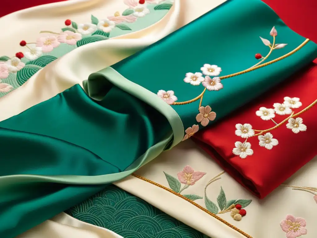 Detalle de manga de kimono con bordados de cerezos y olas, reflejo de la Importancia del protocolo samurái