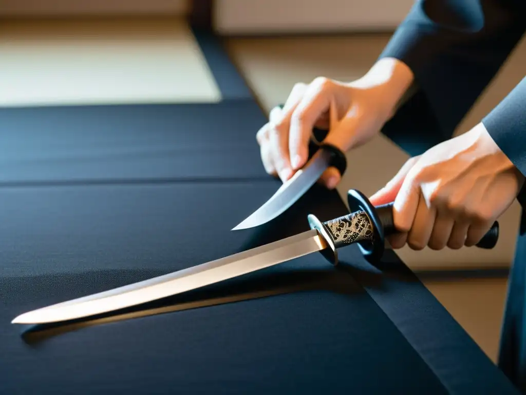 Detalle de una mano de calígrafo sosteniendo una elegante katana plateada, reflejando la luz suave en una atmósfera japonesa tradicional