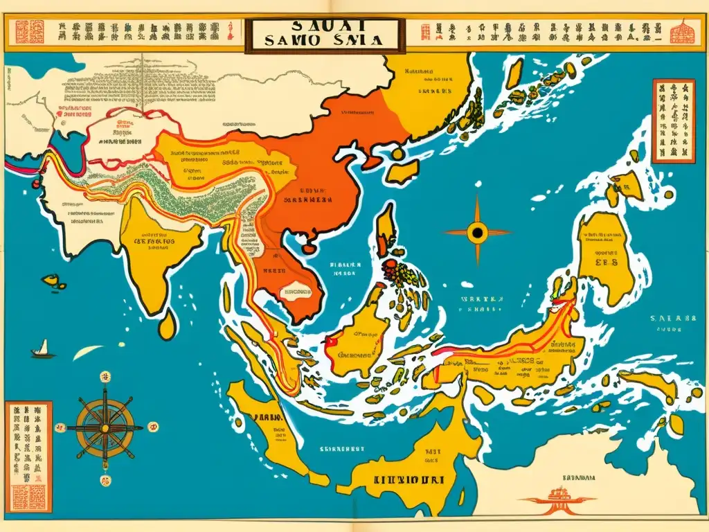 Detalle de un mapa del período Edo que muestra el comercio en la era samurái, con rutas comerciales, colores vibrantes y anotaciones detalladas