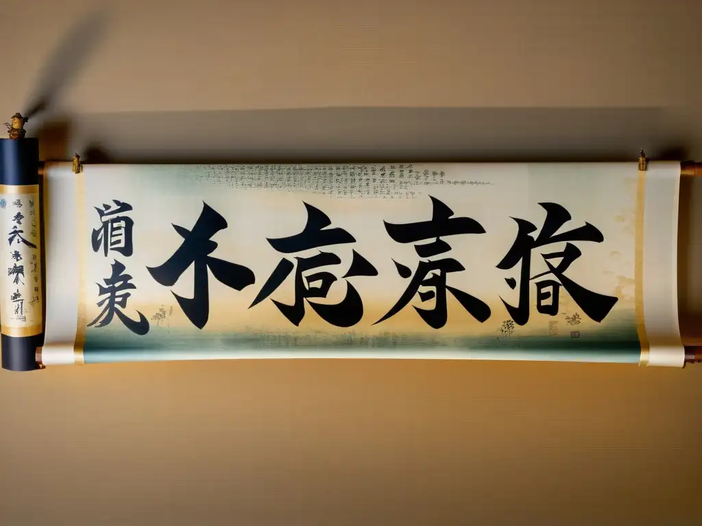 Detalle de pergamino de caligrafía japonesa antigua con legado samurái: poesía y literatura, evocando tranquilidad y fuerza