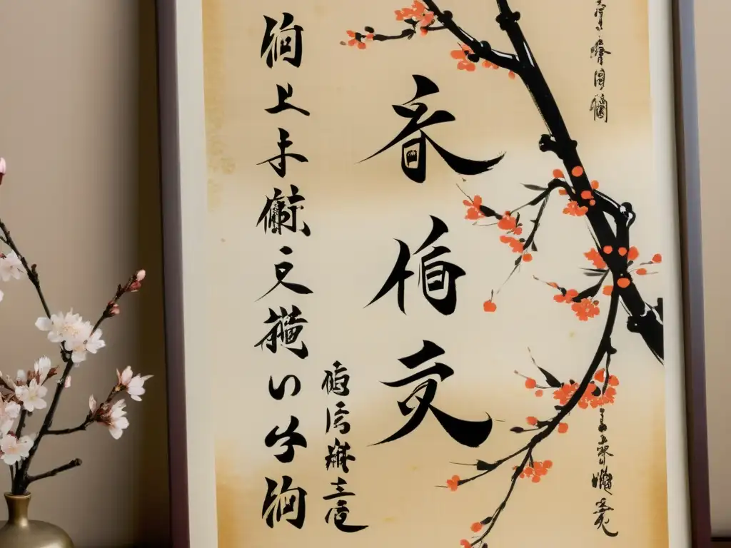 Detalle de pergamino japonés antiguo con poesía guerrero literatura japonesa, rodeado de ramas de cerezo en suaves tonos