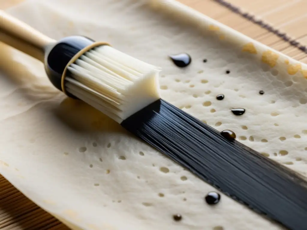 Detalle de pincel de caligrafía japonesa sobre papel de arroz con tinta, evocando la estética del haiku en samurái